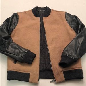 Varsity bomber with faux leather sleeves